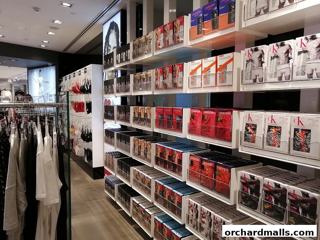 Interior view of a Calvin Klein Underwear store showcasing various apparel and packaged items.