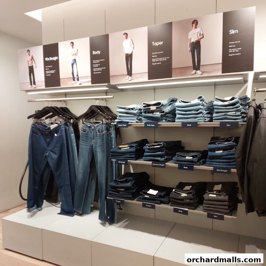 Calvin Klein store interior showcasing various styles of jeans on display shelves and hanging racks.