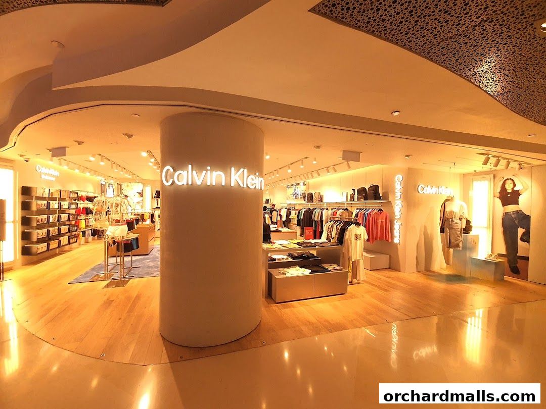 Interior view of a well-lit Calvin Klein store showcasing apparel and accessories.