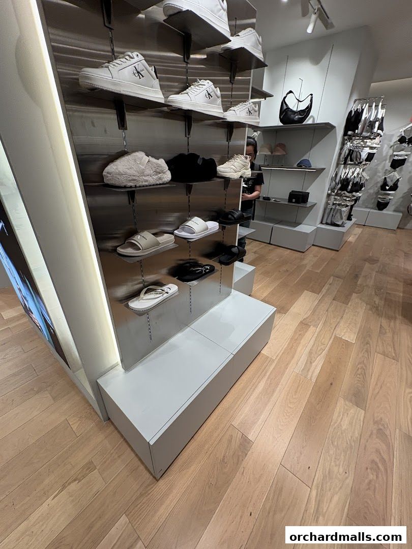 Interior view of a Calvin Klein store showcasing various footwear and accessories on display shelves.