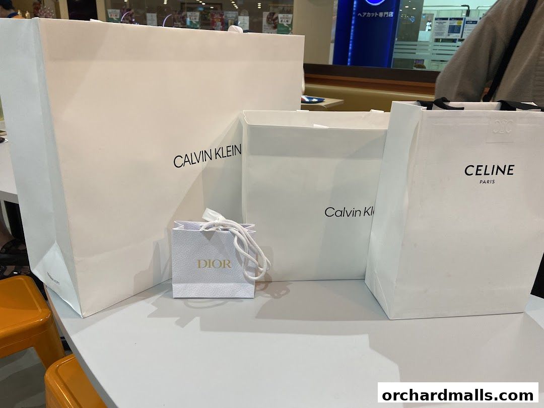 Several shopping bags from Calvin Klein, Dior, and Celine are displayed on a table.