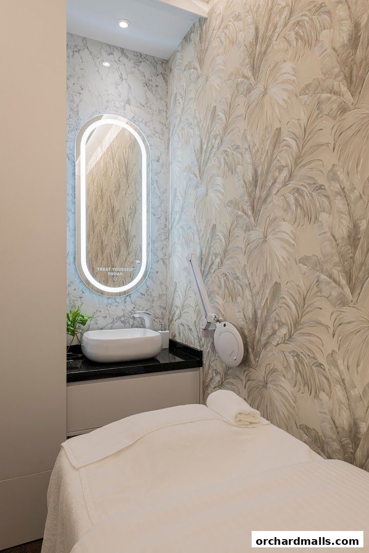 A clean and serene treatment room with a facial bed, sink, and illuminated mirror.
