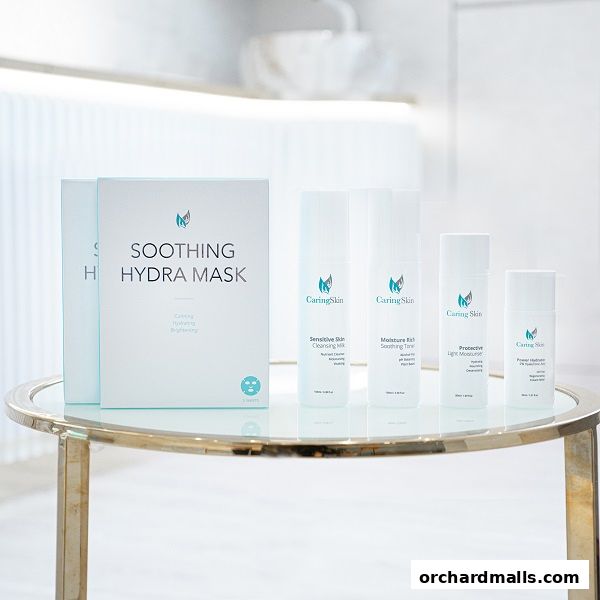 Caring Skin products including a Soothing Hydra Mask and various moisturizers.