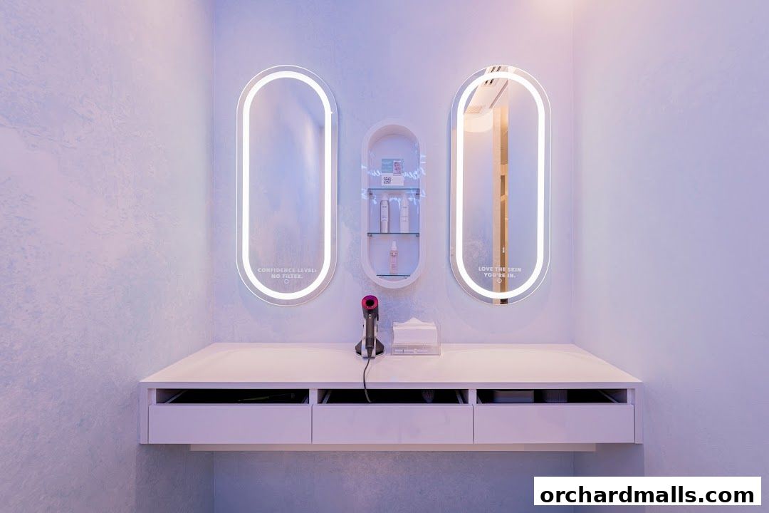 A clean, modern vanity area with illuminated mirrors and skincare products.