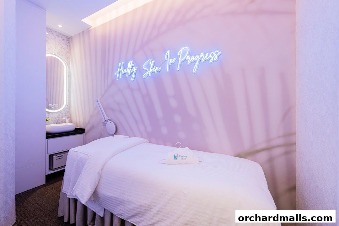 A clean and serene treatment room with a massage bed and a neon sign.