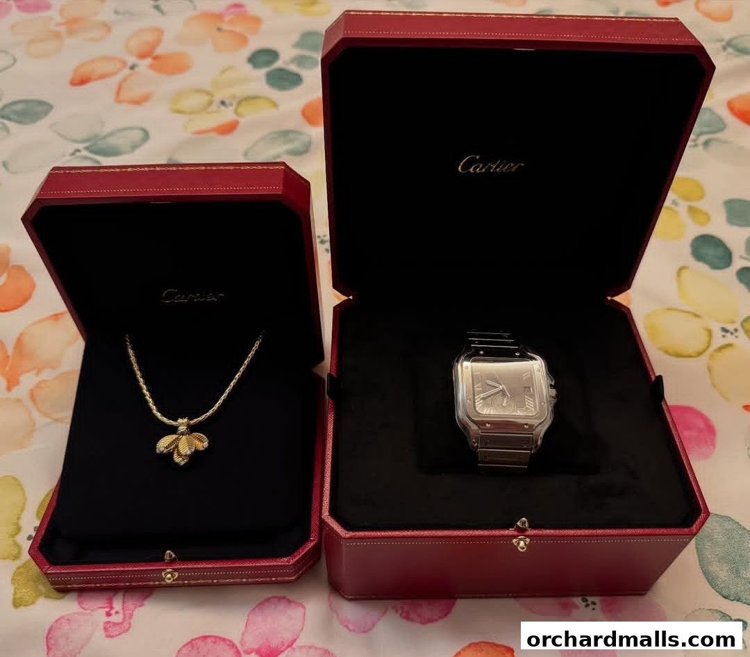 Cartier necklace and watch displayed in their signature red boxes.