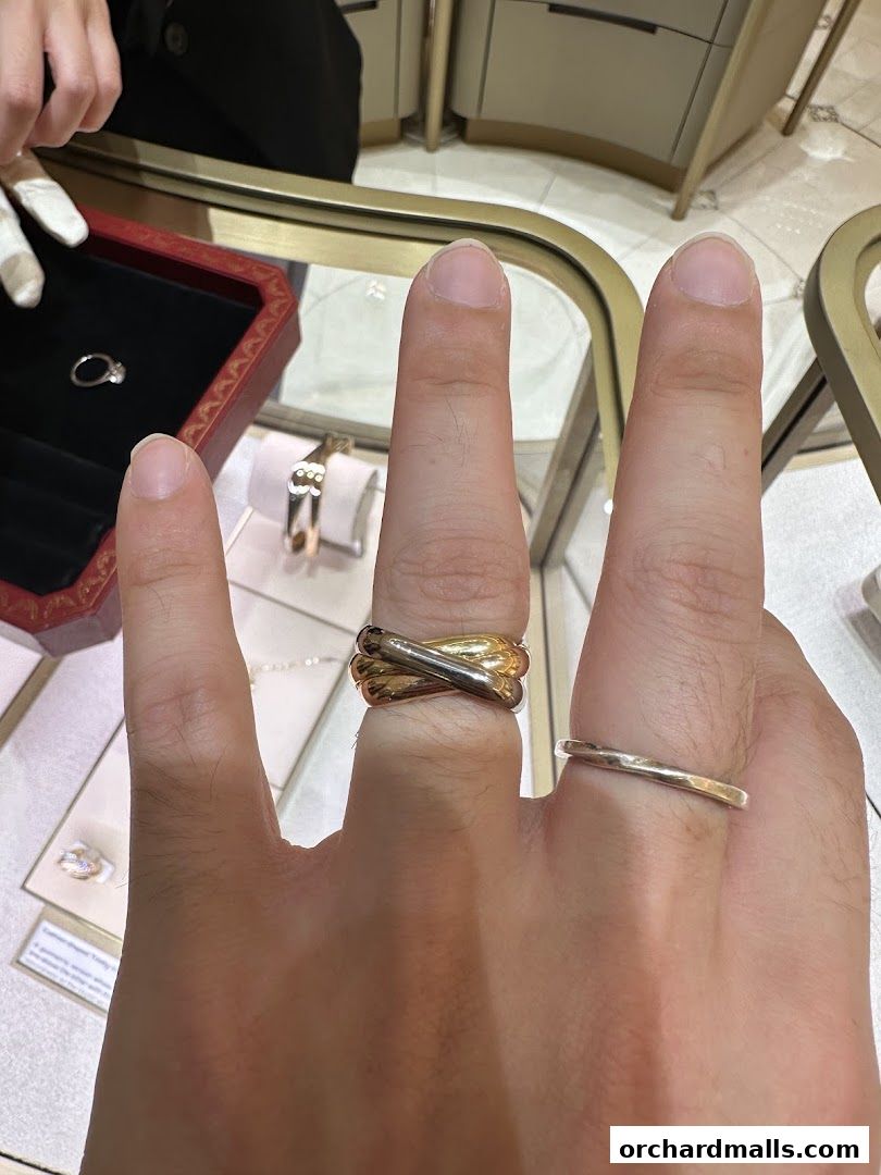 A hand wearing multiple Cartier rings, showcasing exquisite craftsmanship and luxury.