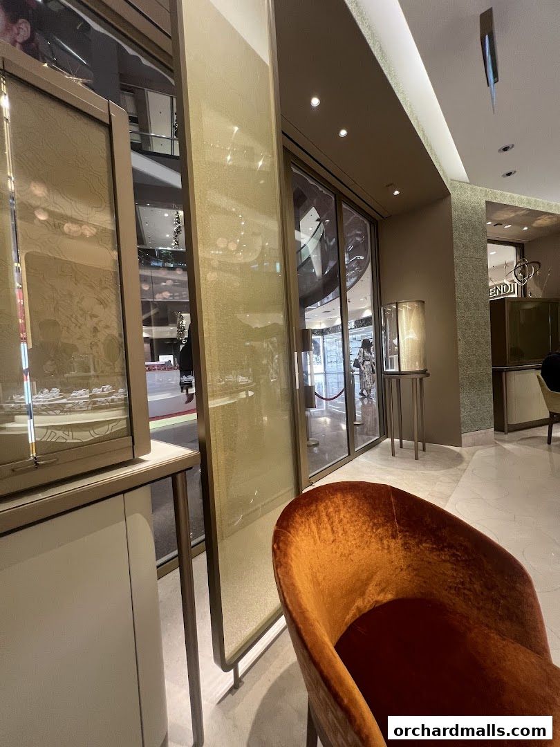 Interior view of a luxury jewelry store with display cases and seating.