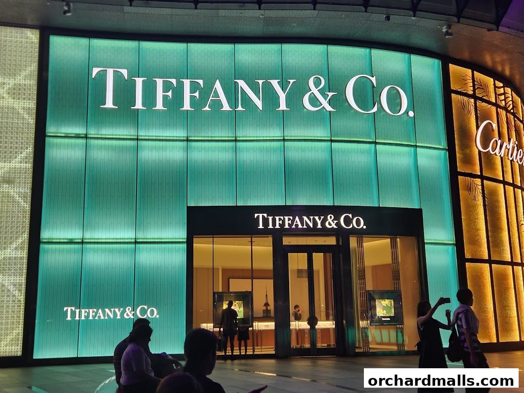 The illuminated facade of Tiffany & Co. and Cartier stores at night.