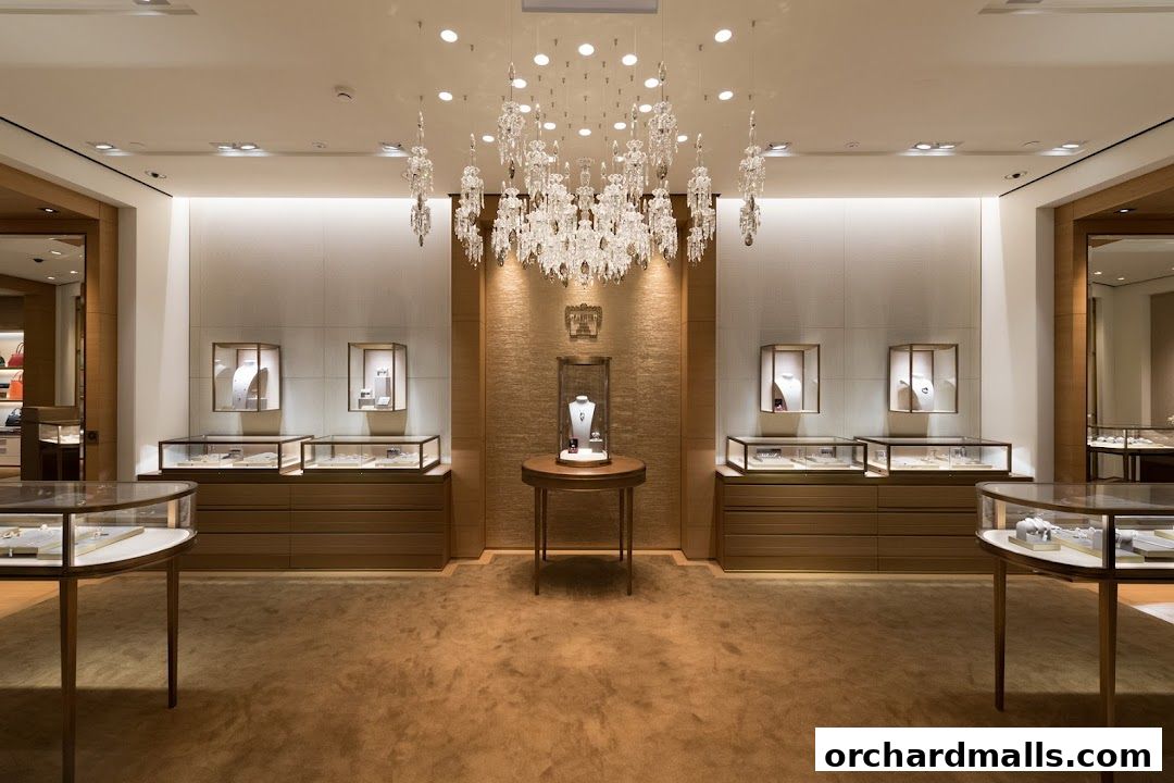 Interior of a luxurious Cartier jewelry store with display cases and a central display.