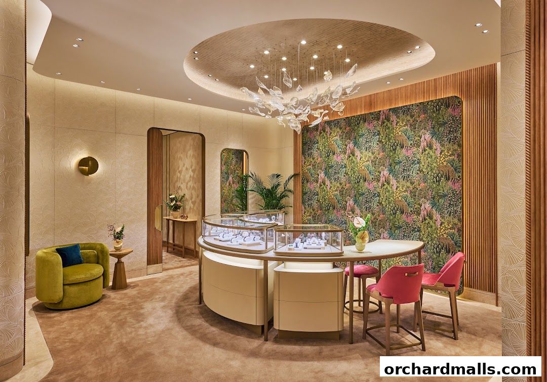 Interior of a luxurious Cartier boutique with display cases and seating.