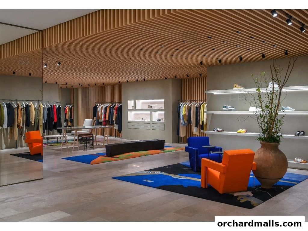 Interior of a modern fashion boutique with clothing racks, display shelves, and seating.