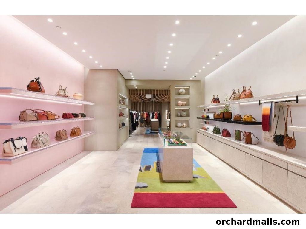 Interior view of a luxury fashion store showcasing handbags and accessories on shelves.