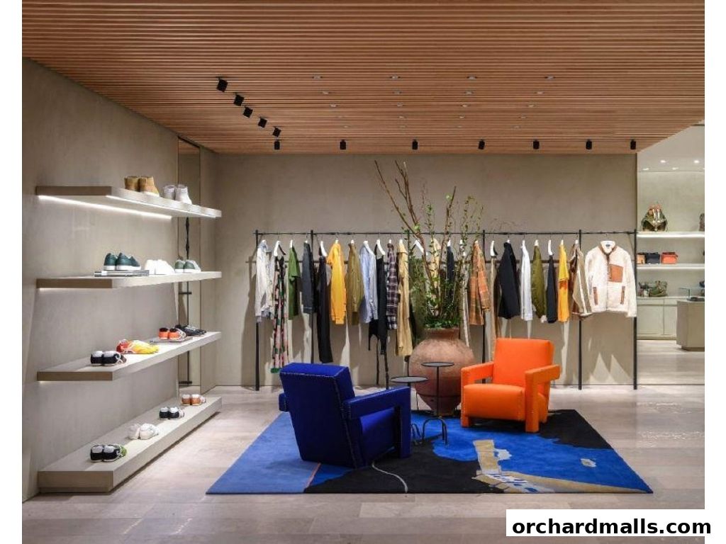 Interior of a modern boutique with clothing racks, shelves of shoes, and seating.
