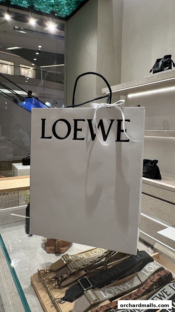 A shopping bag with the LOEWE logo and display of bag straps in a store.