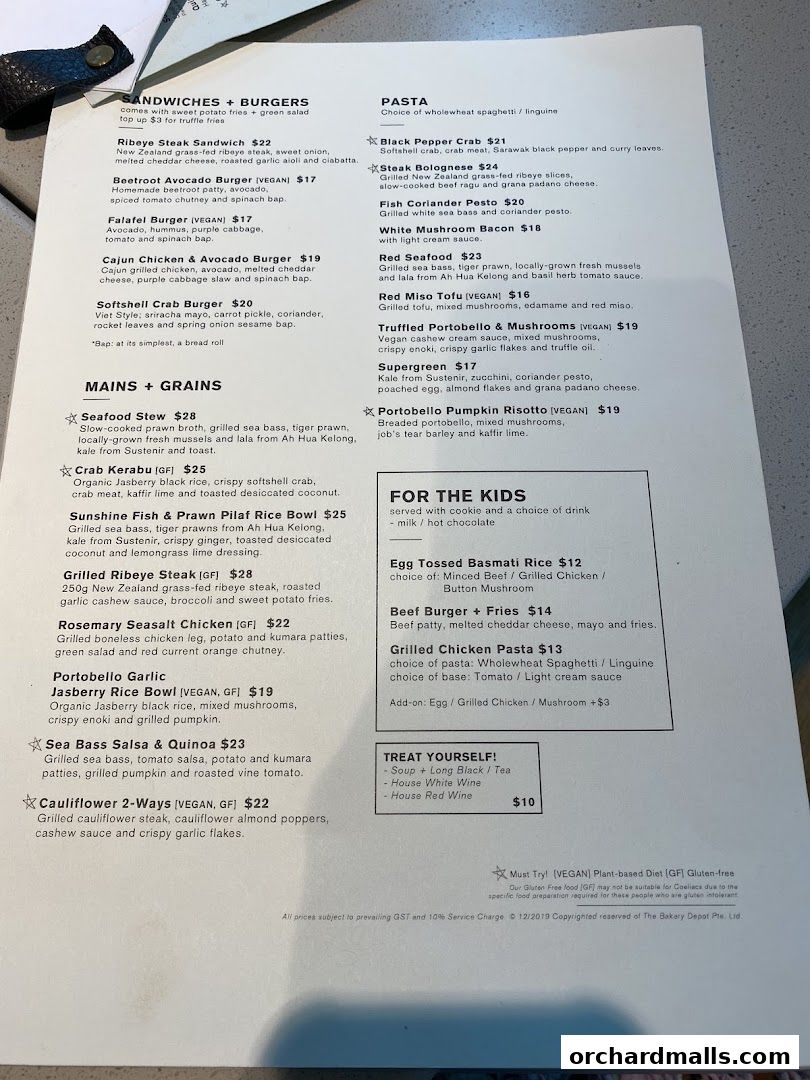 A menu from Cedele All Day Dining with sandwiches, pasta, mains, and kids' meals.