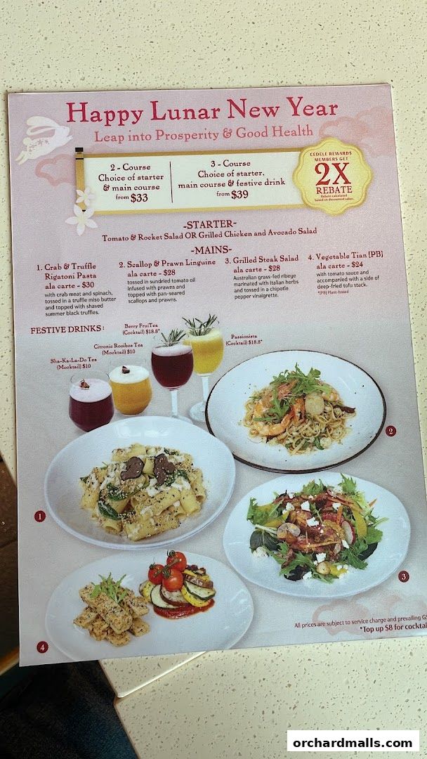 A menu for Cedele All Day Dining featuring Lunar New Year specials and festive drinks.