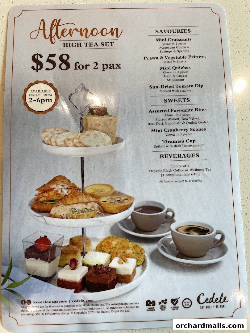 A menu for Cedele's Afternoon High Tea Set for two, priced at $58.