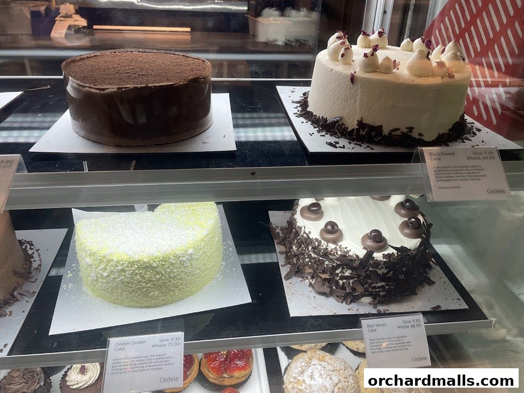 A display case filled with various cakes, including chocolate, black forest, and ondeh ondeh.