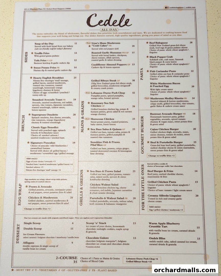 A menu from Cedele All Day Dining featuring a variety of dishes including brunch, mains, pasta, and desserts.