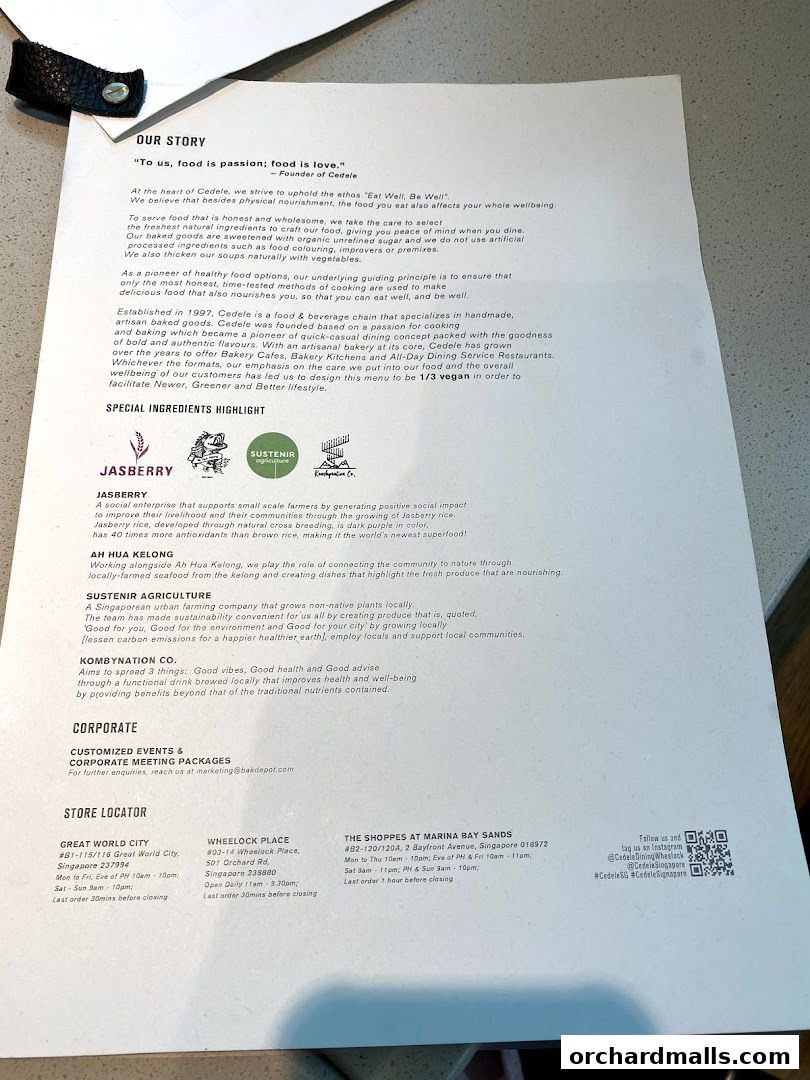 A document detailing Cedele's story, special ingredients, and store locations.