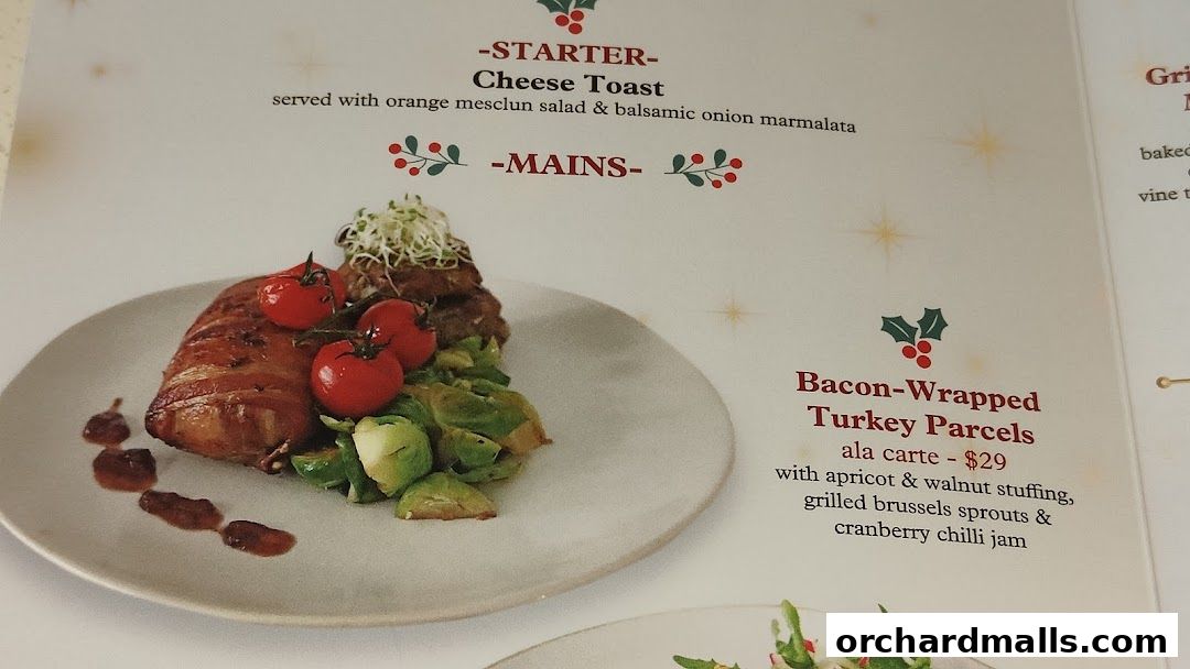 A menu featuring a starter and a main course with festive holiday decorations.