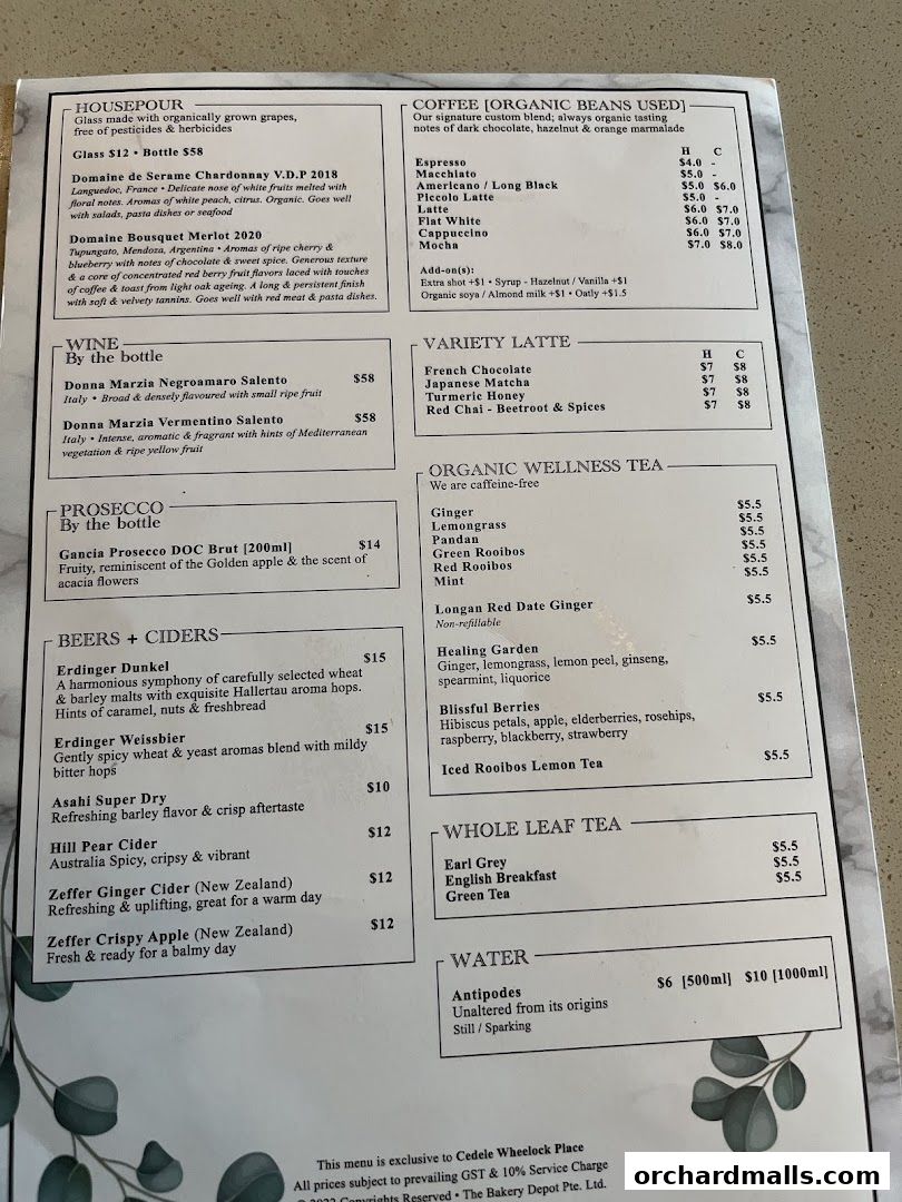 A menu from Cedele All Day Dining featuring drinks like coffee, wine, beer, cider, tea, and water.