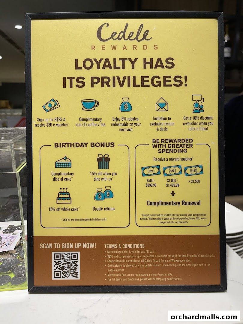 A sign detailing Cedele Rewards program benefits, including sign-up bonuses and birthday perks.