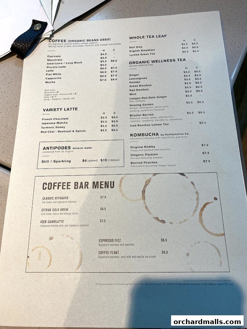 A menu from Cedele All Day Dining featuring coffee, tea, kombucha, and coffee bar items.