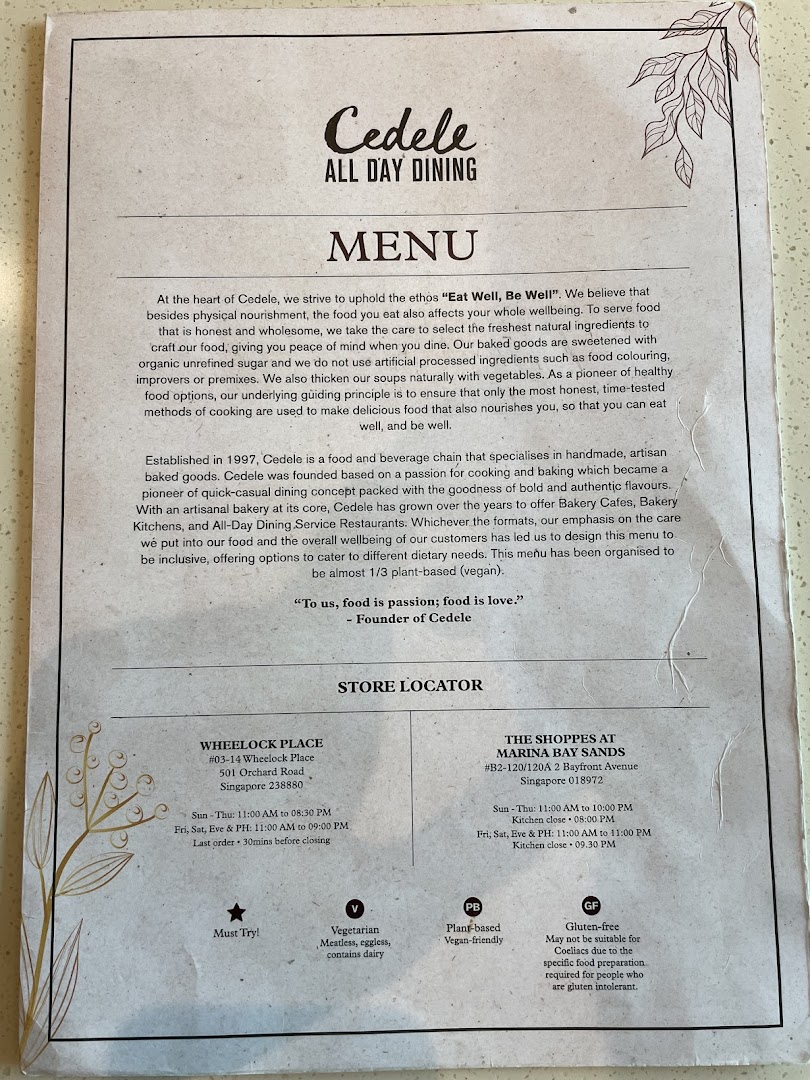 Menu page for Cedele All Day Dining - Wheelock Place
