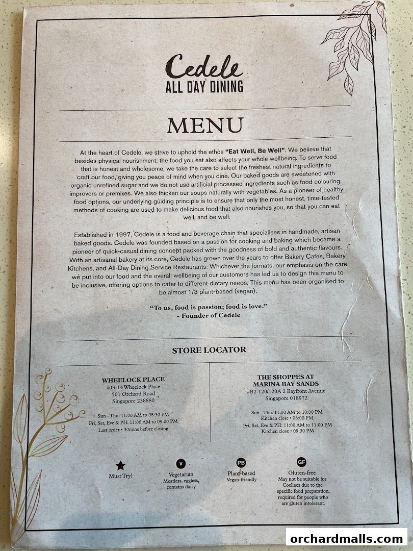 Menu for Cedele All Day Dining, featuring store locations and dietary information.