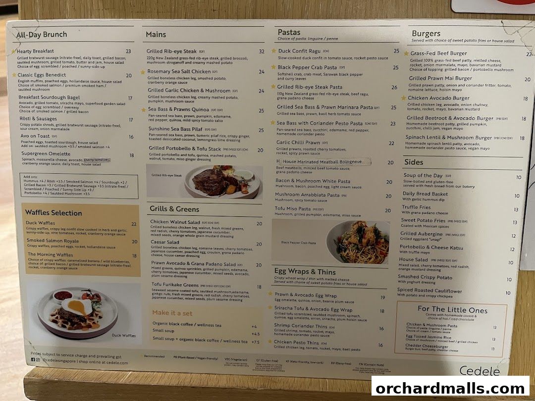 A menu from Cedele All Day Dining featuring brunch, mains, pastas, burgers, and sides.