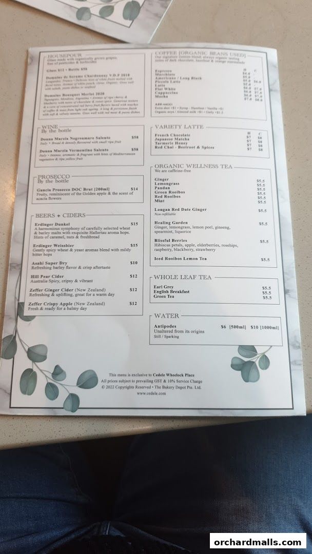 A menu from Cedele All Day Dining featuring drinks like coffee, wine, beer, cider, and tea.