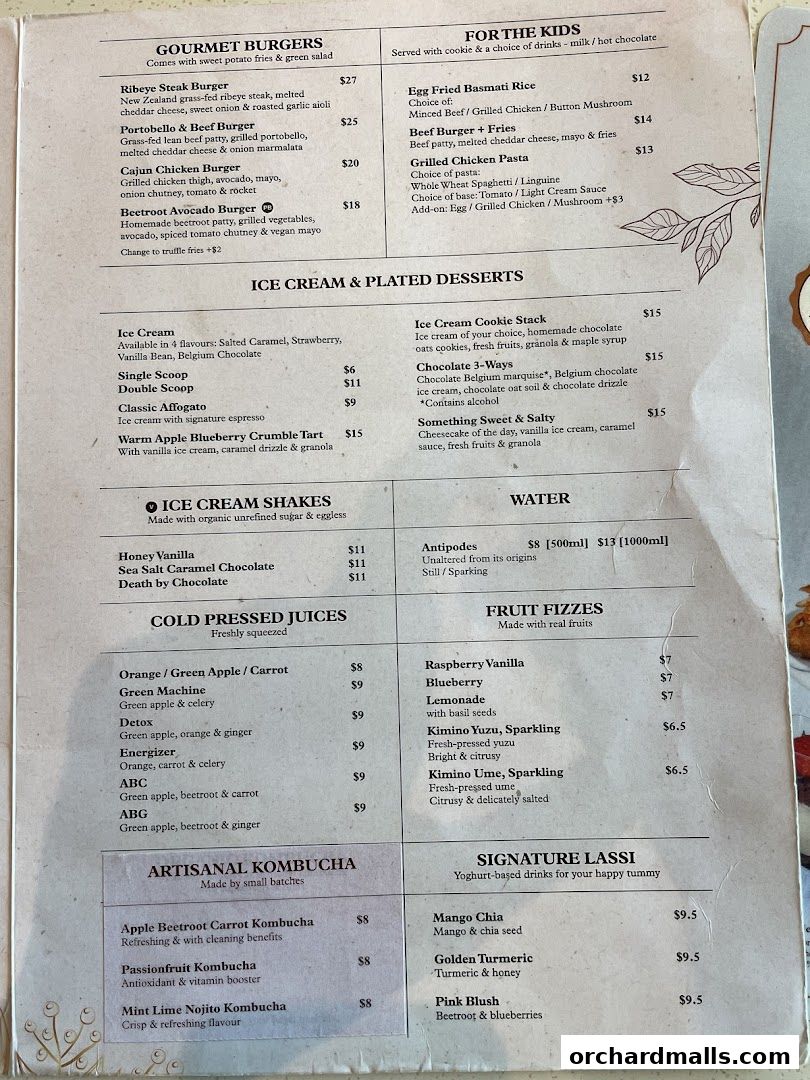 A menu from Cedele All Day Dining featuring gourmet burgers, kids' meals, ice cream, and drinks.