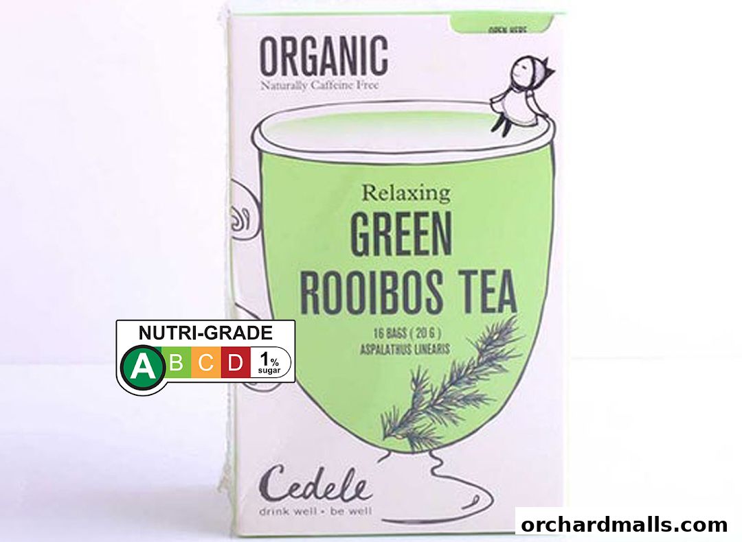 A box of Cedele Organic Green Rooibos Tea with Nutri-Grade A rating.