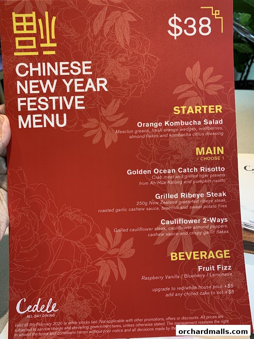 A red menu for Cedele's Chinese New Year Festive Menu, priced at $38.
