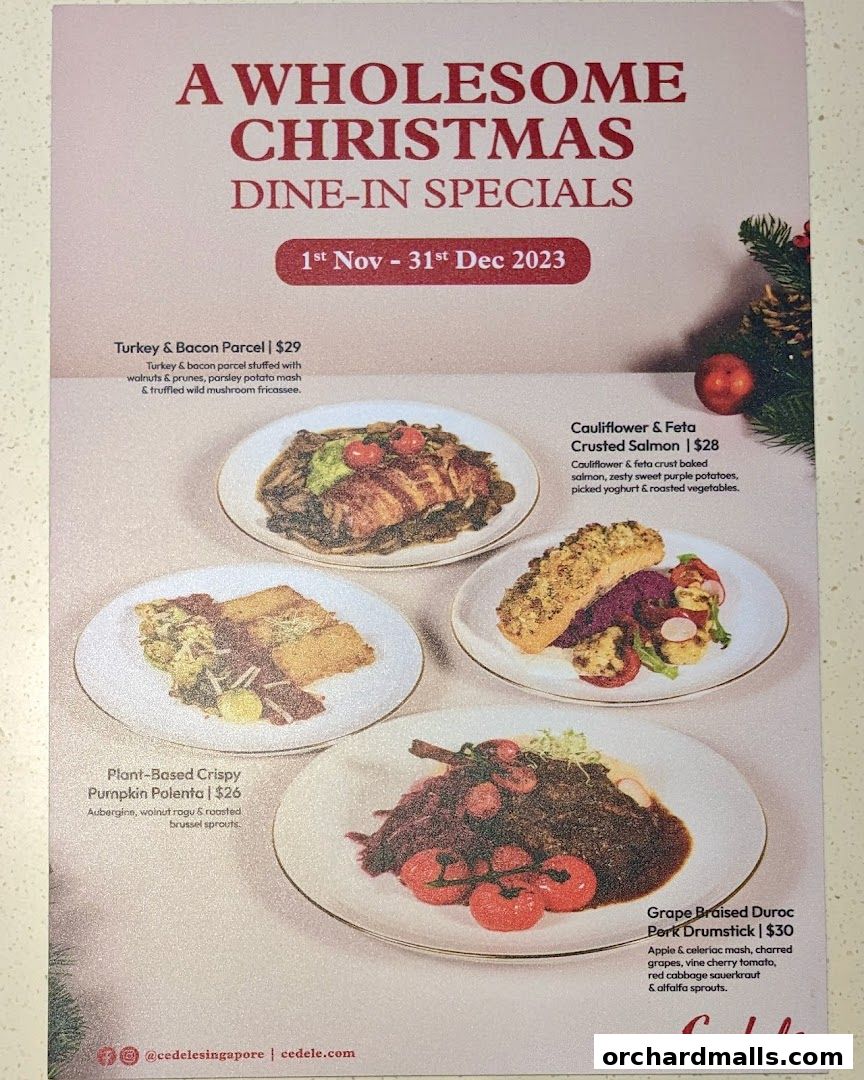 Cedele's Christmas dine-in specials menu featuring four festive dishes with descriptions and prices.