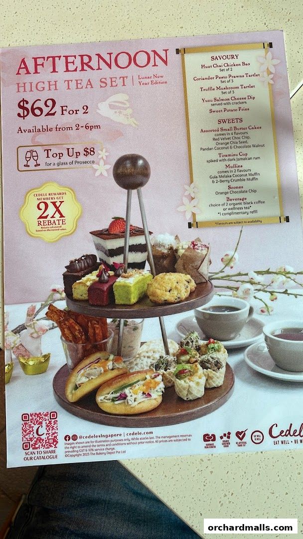 Cedele's Afternoon High Tea Set menu featuring savoury and sweet items.