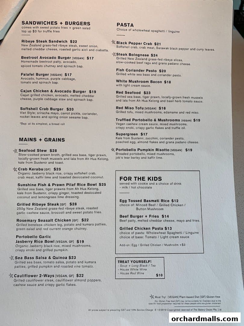 A menu from Cedele All Day Dining featuring sandwiches, mains, grains, pasta, and kids' meals.