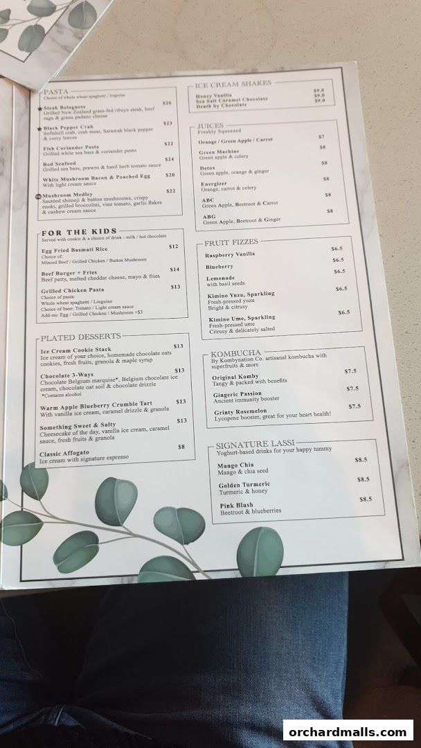 A menu from Cedele All Day Dining featuring pasta, desserts, ice cream shakes, juices, kombucha, and lassis.
