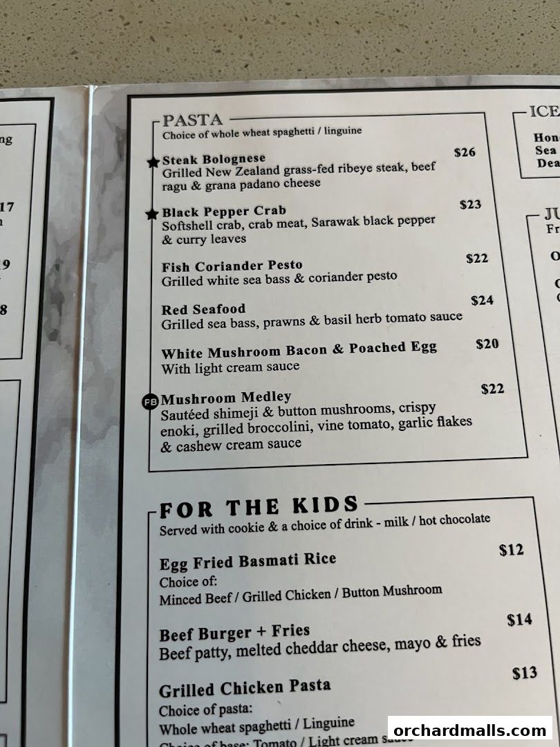 A menu page from Cedele All Day Dining featuring pasta and kids' meals.