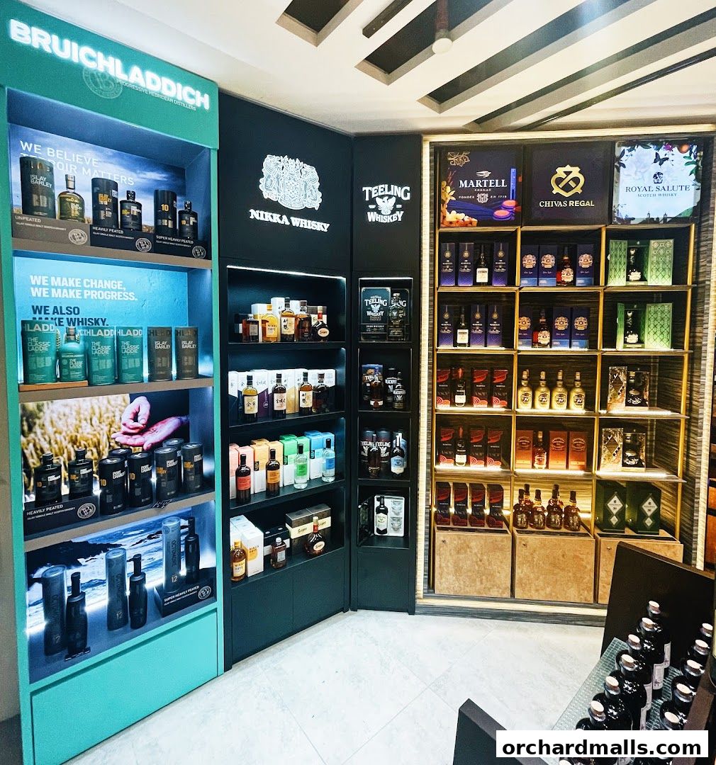 A well-stocked liquor store featuring various brands of whisky and other spirits on display.