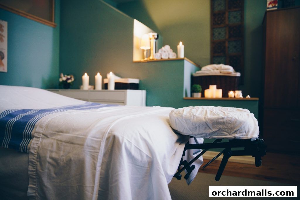 A massage table set up in a dimly lit room with candles and towels.