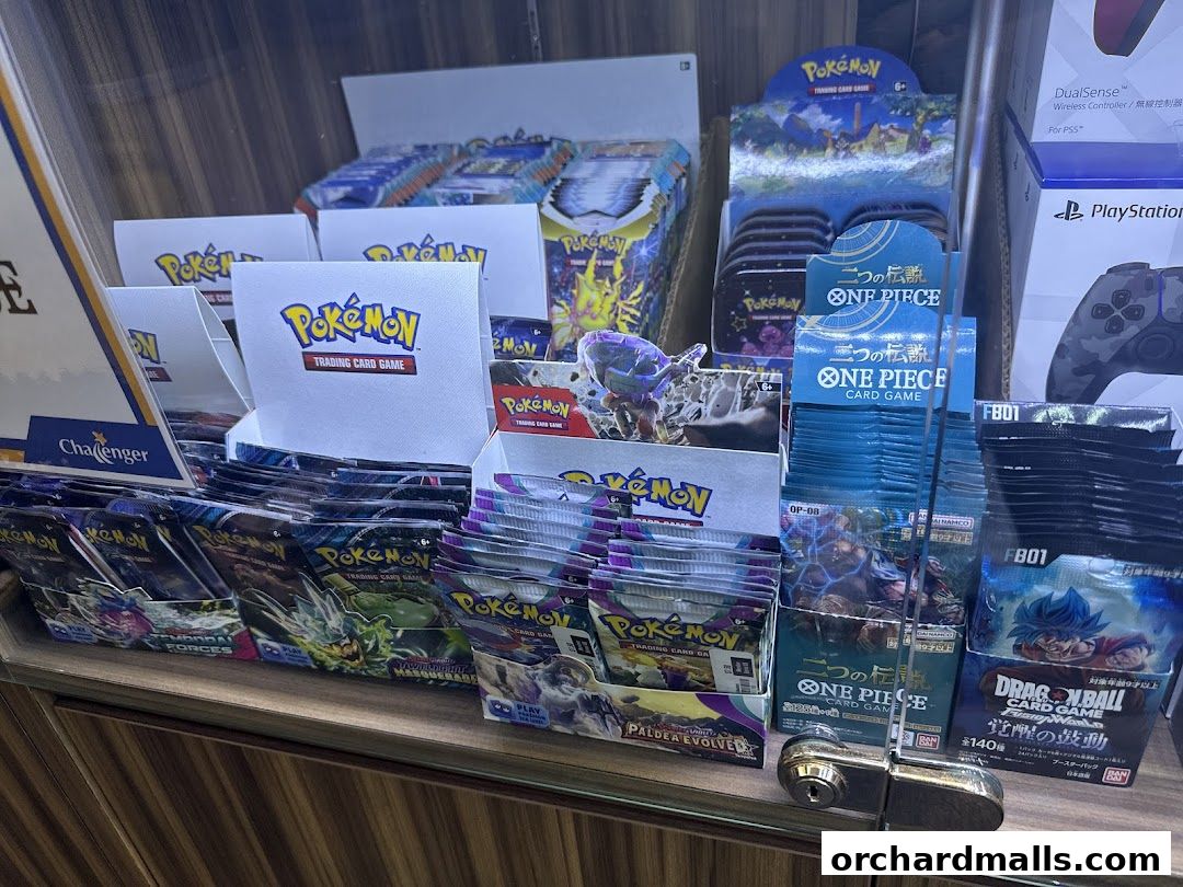 Display of various trading card games including Pokemon, One Piece, and Dragon Ball.