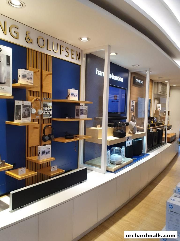 Interior view of a retail store showcasing audio equipment and electronics on display shelves.