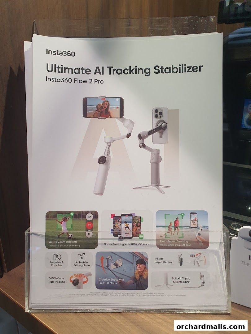 A display showcasing the Insta360 Ultimate AI Tracking Stabilizer, Insta360 Flow 2 Pro.