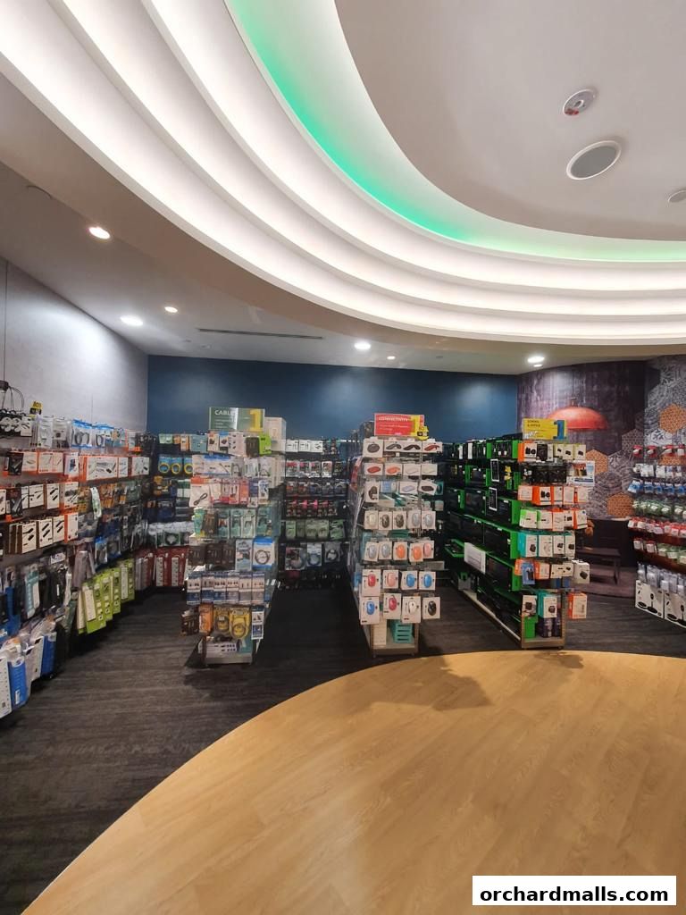 Interior view of a well-stocked electronics accessories store with shelves full of products.