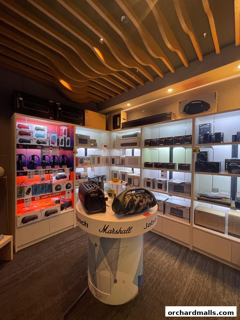 Interior of a Challenger store showcasing audio equipment and electronics on display shelves.
