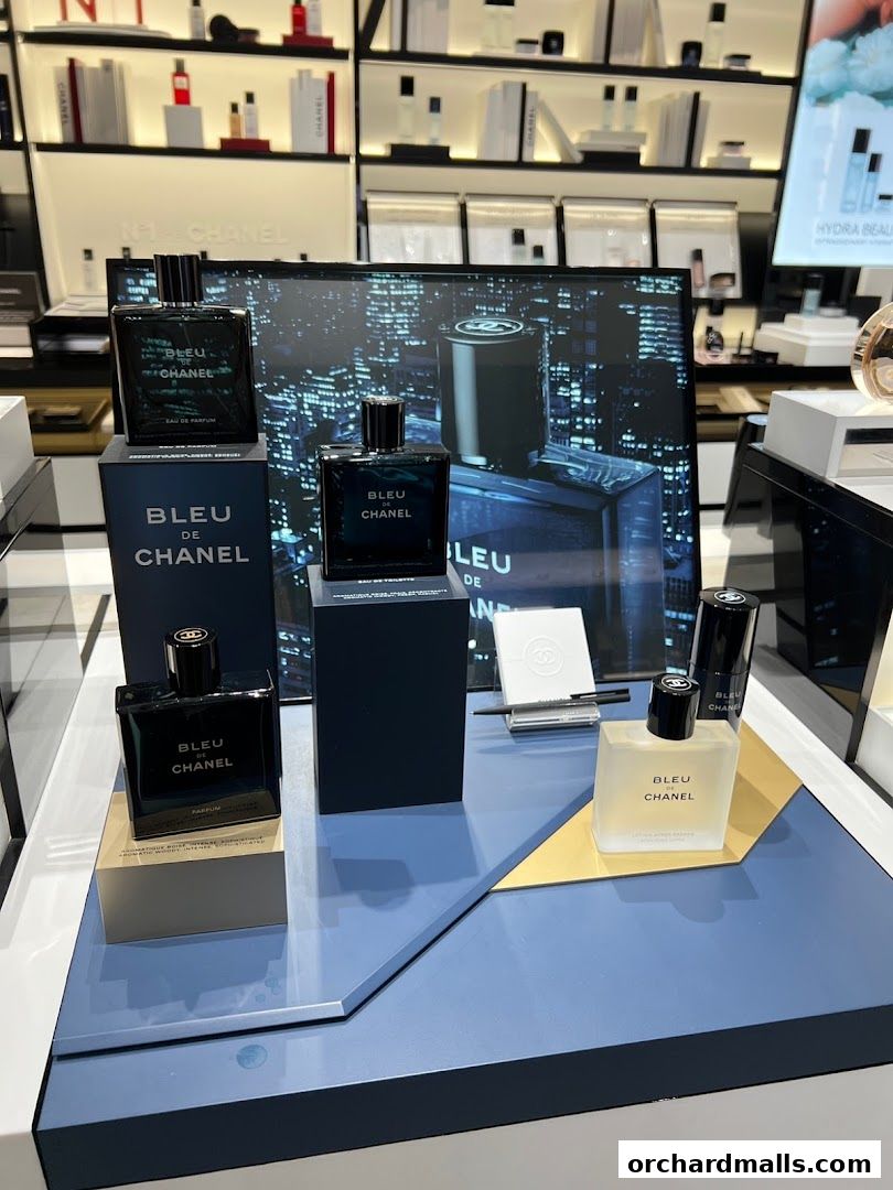 Chanel Beauty Boutique display featuring Bleu de Chanel fragrances and skincare products.