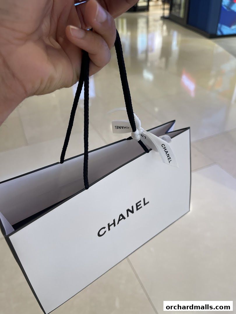 A hand holds a white Chanel shopping bag with black handles and ribbon.